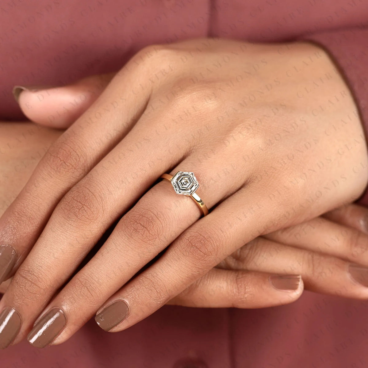 hexagon cut moissanite diamond engagement ring, bezel set solitaire ring, minimalist gold bridal ring, modern geometric wedding ring