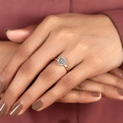 Hexagon Cut Moissanite Diamond Engagement Ring, Bezel Set Solitaire Ring, Minimalist Gold Bridal Ring, Modern Geometric Wedding Ring