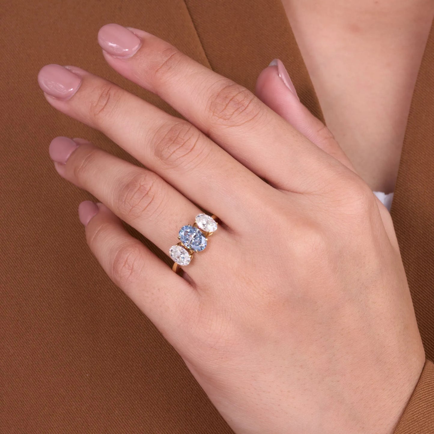 4.00 tcw elegant oval cut blue three stone moissanite diamond engagement ring in gold