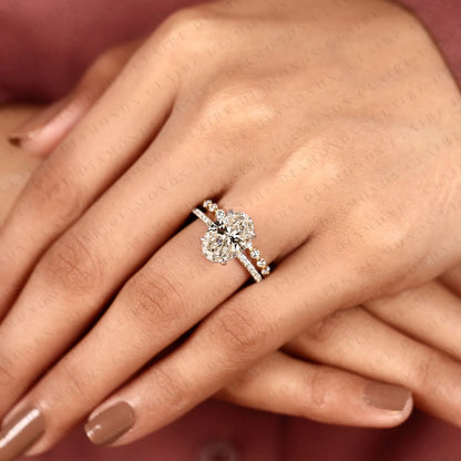 Oval Cut Lab Grown Diamond Engagement Ring Set | Yellow Gold Pavé Wedding Band | Two-Tone Bridal Ring Set