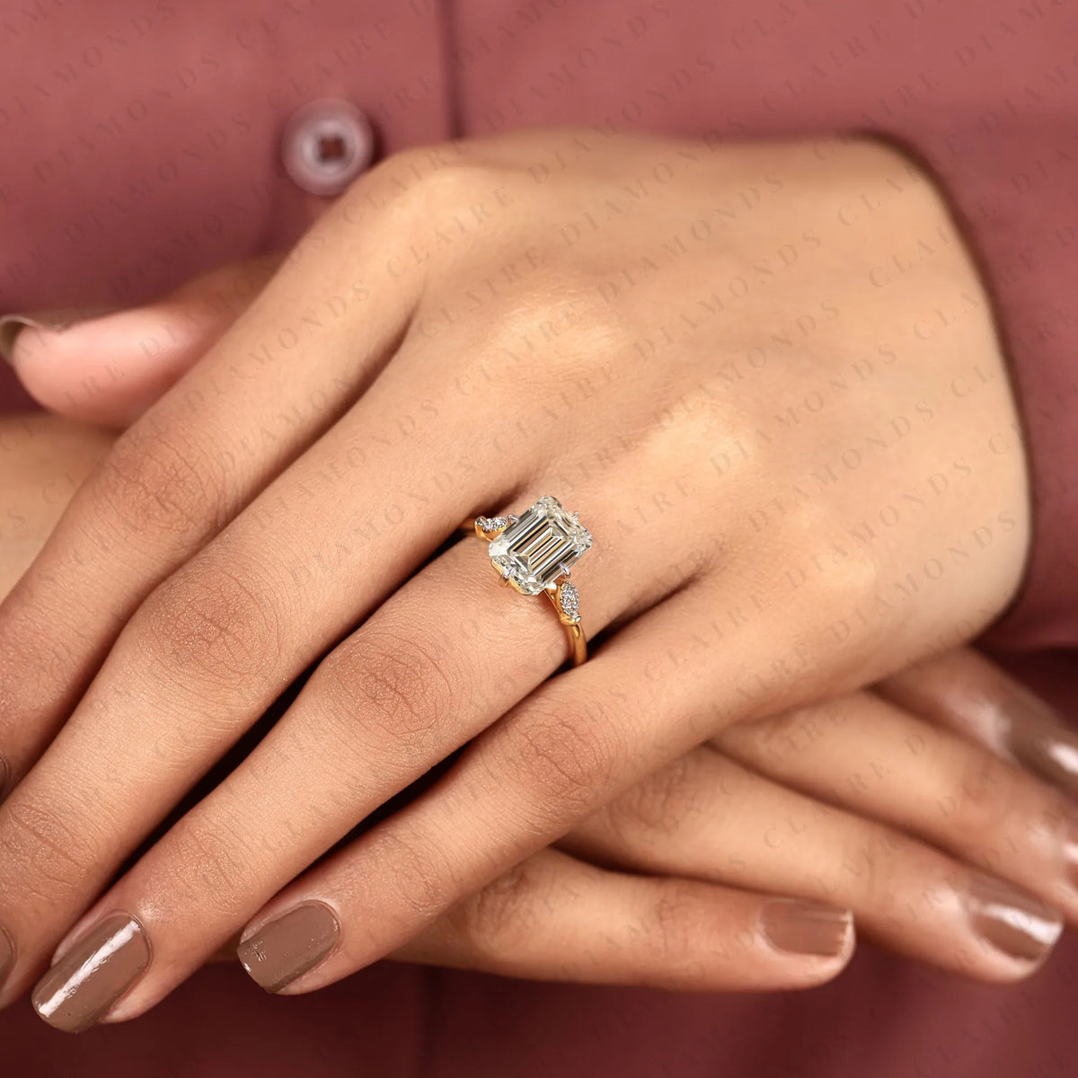 emerald cut lab grown diamond engagement ring, gold solitaire ring with round shaped side accents, modern bridal ring, unique wedding ring
