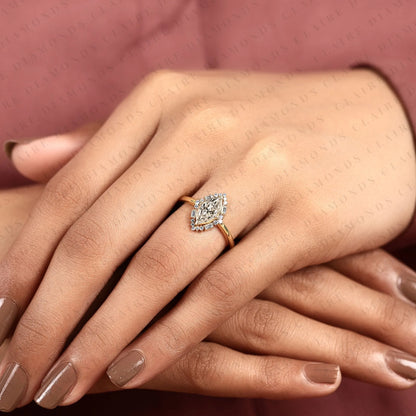 Marquise Cut Moissanite Diamond Engagement Ring Floral Halo Gold Vintage Inspired Wedding Ring
