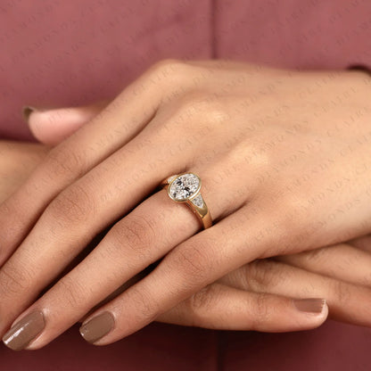 Oval Cut Moissanite Diamond Engagement Ring | Bezel Set Gold Ring with Trillion Side Stones | Modern Luxury Bridal Ring