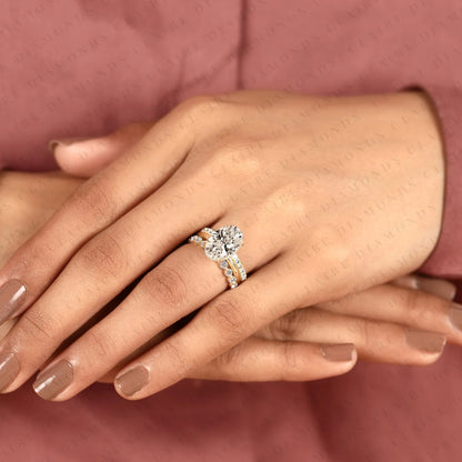Oval Lab Grown Diamond Engagement Ring Set with Diamond Eternity & Bubble Band in Yellow Gold
