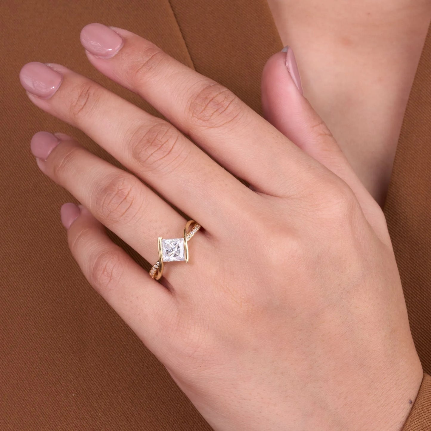 princess cut moissanite diamond ring east west engagement ring bypass wedding ring