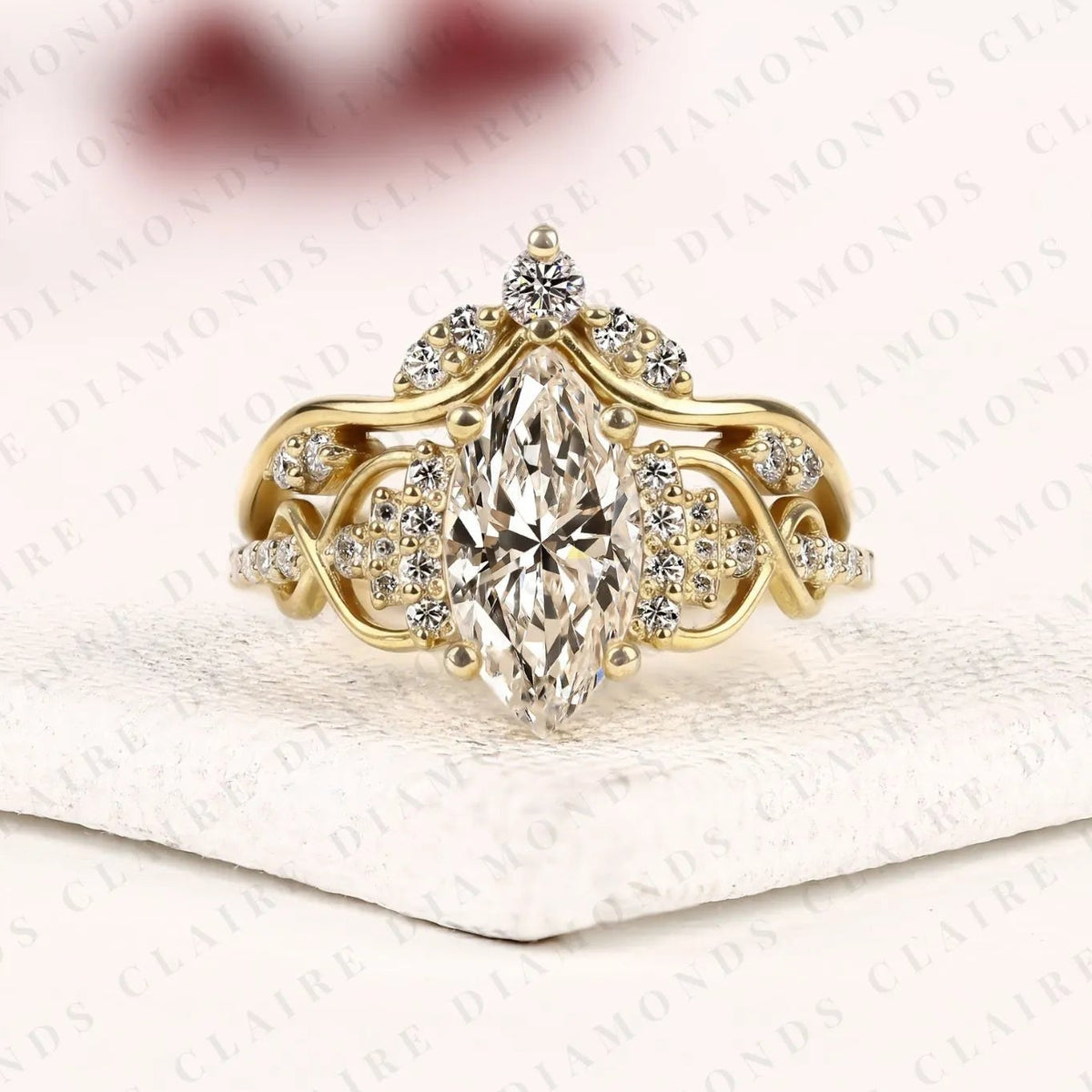 marquise cut lab grown diamond engagement ring | nature inspired floral vine gold ring | pavé bridal ring with matching wedding band