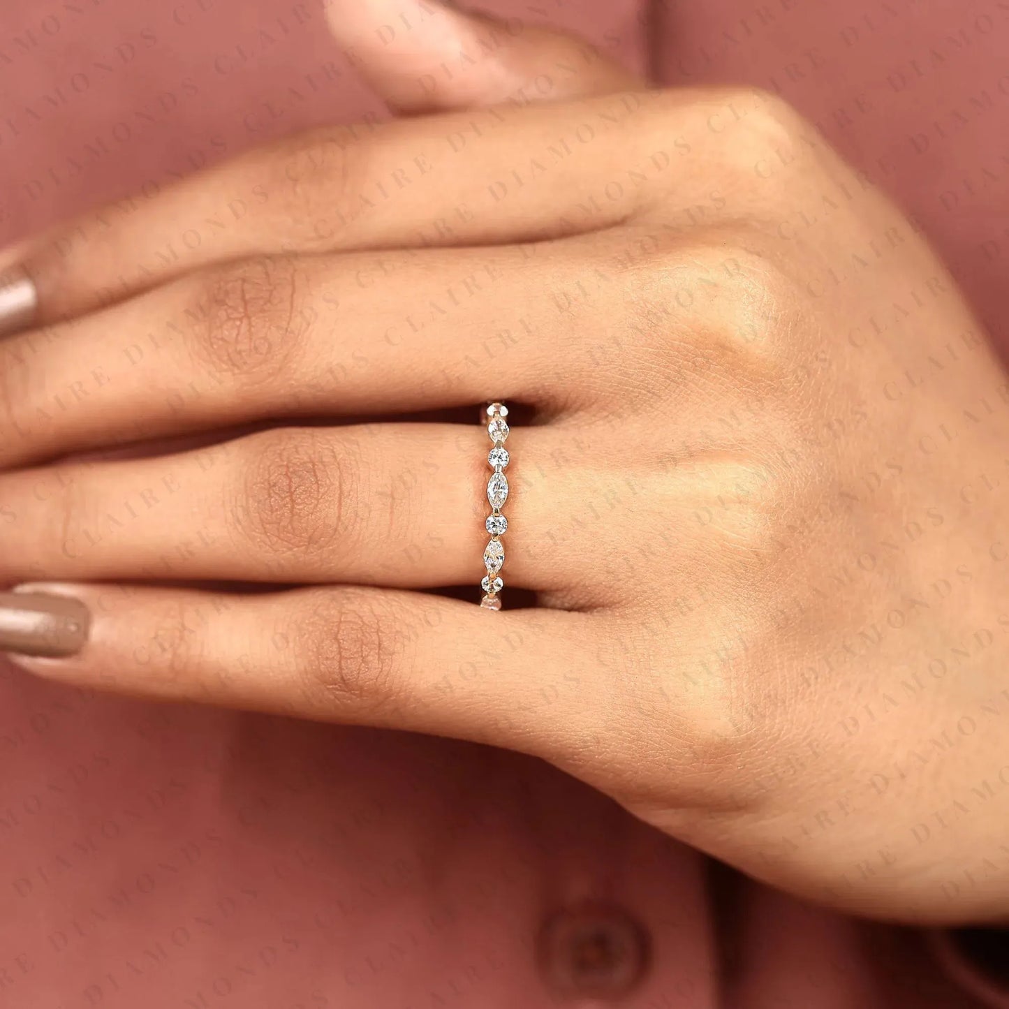 0.96 tcw stackable marquise and round brilliant diamond moissanite eternity band for everyday luxury