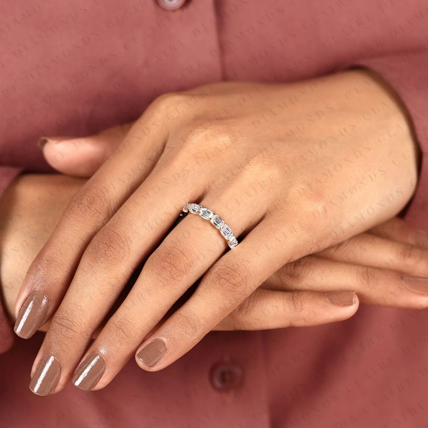 2.25 tcw emerald cut lab grown diamond eternity wedding band | stackable full eternity anniversary ring for women