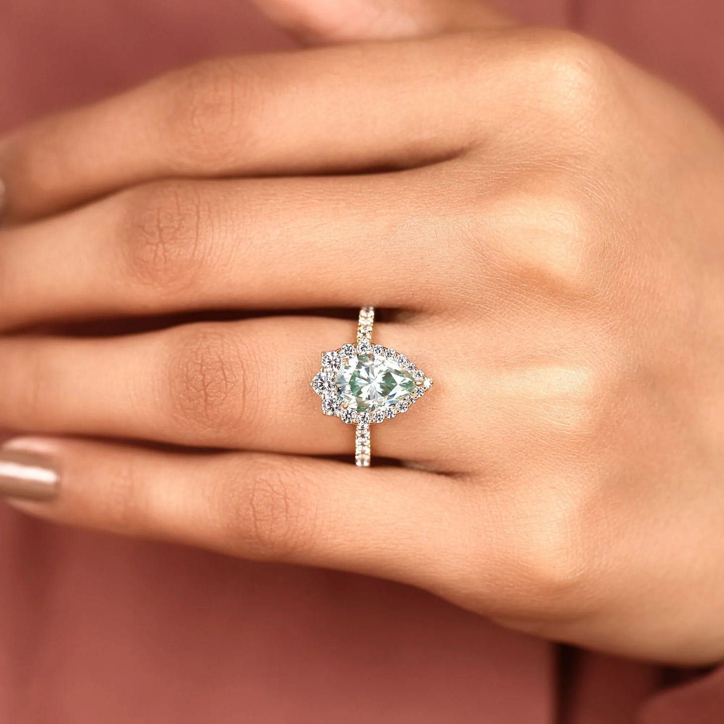 blue pear cut moissanite diamond halo engagement ring vintage inspired pave bridal ring unique anniversary ring for women