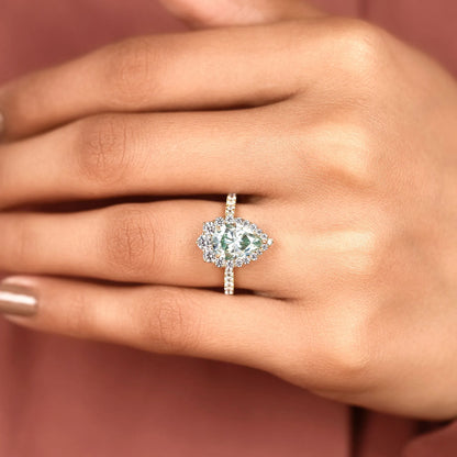 Blue Pear Cut Moissanite Diamond Halo Engagement Ring Vintage Inspired Pave Bridal Ring Unique Anniversary Ring for Women