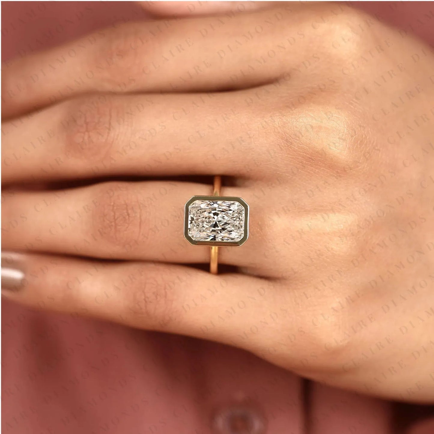 bezel set radiant cut lab grown diamond engagement ring in gold | solitaire wedding ring for women | igi certified anniversary ring