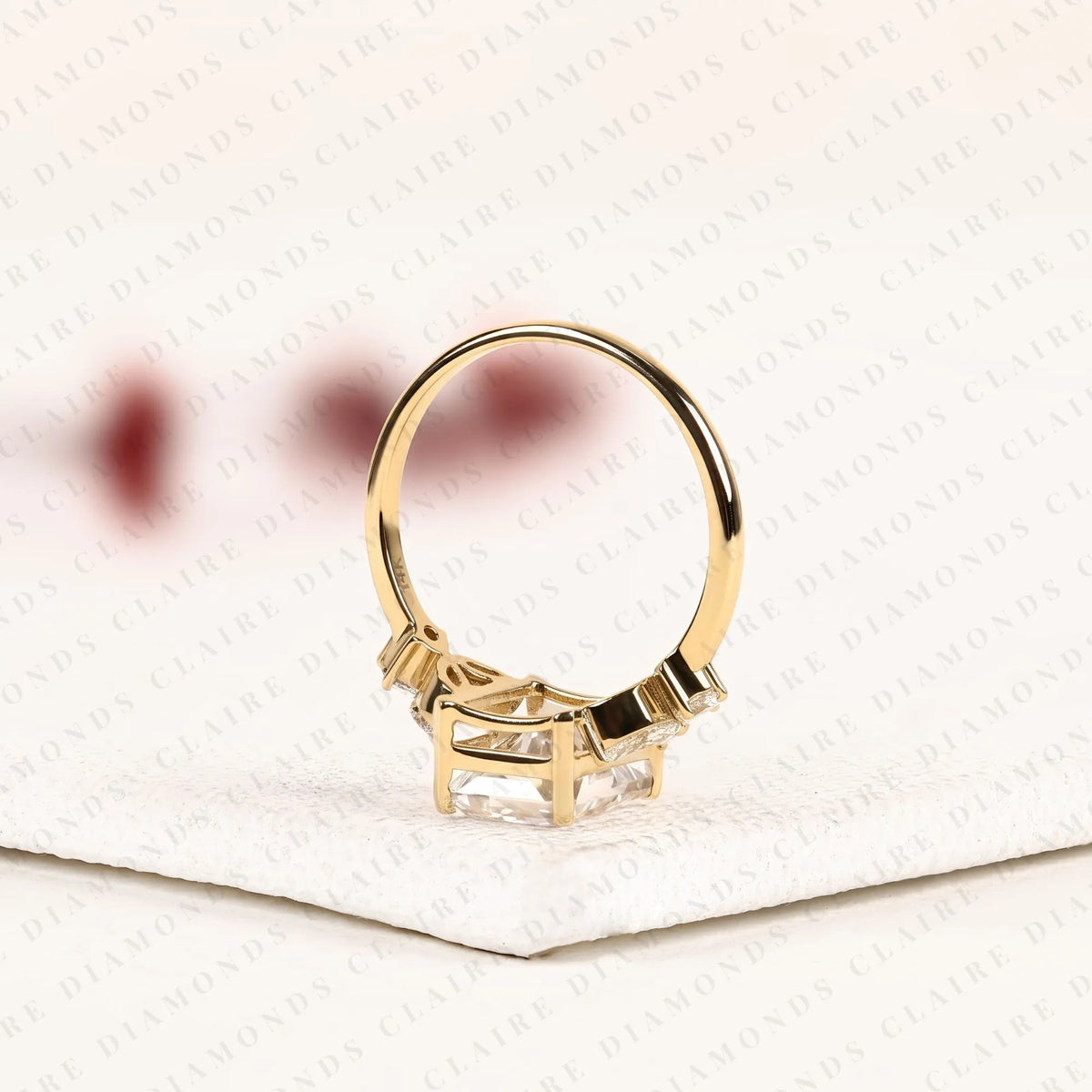 radiant cut lab grown diamond engagement ring | marquise & round diamond accents | sculpted yellow gold split shank bridal ring | modern luxury statement jewelry