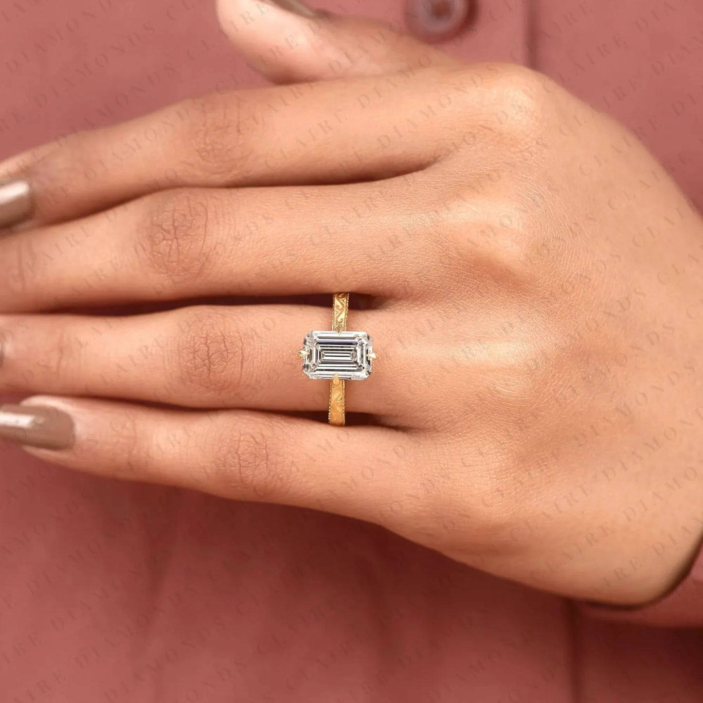emerald cut moissanite diamond engagement ring, vintage engraved gold solitaire ring, unique bridal ring