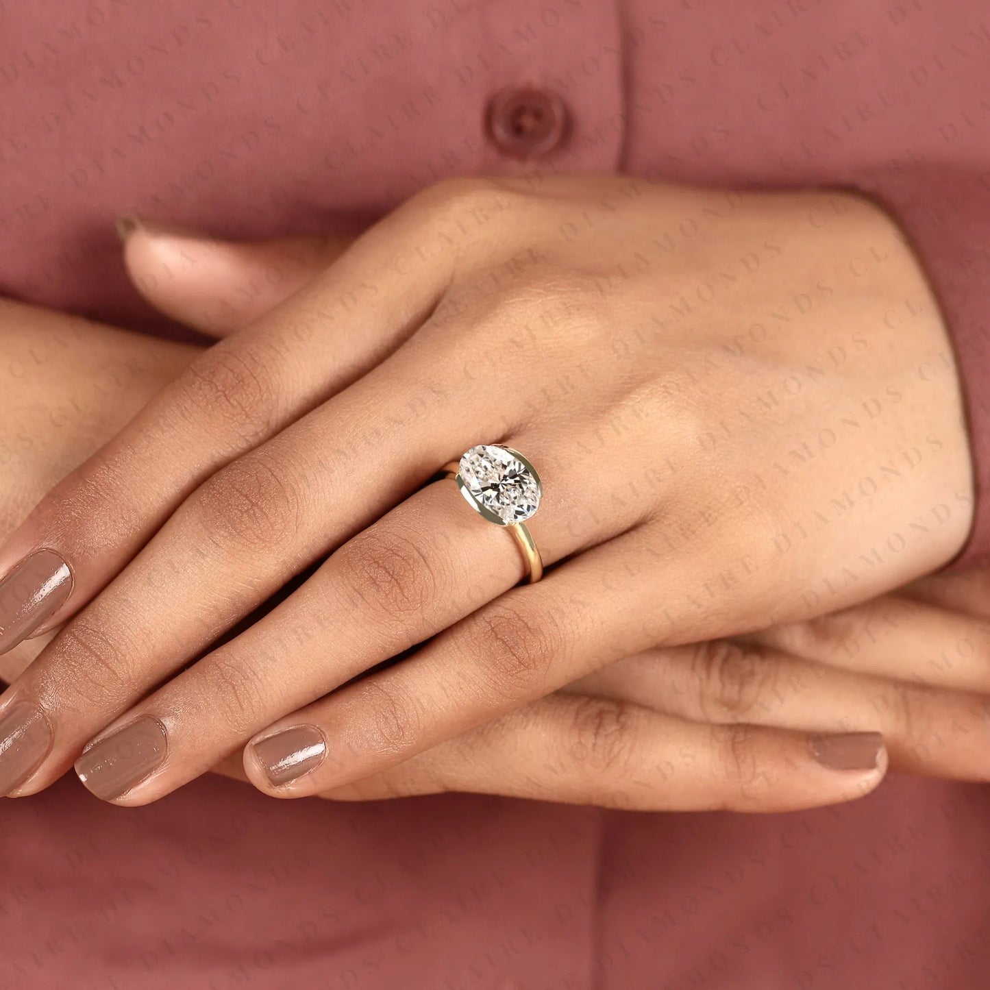oval cut lab grown diamond hidden halo ring engagement ring, yellow gold, east west ring, half bezel solitaire wedding ring