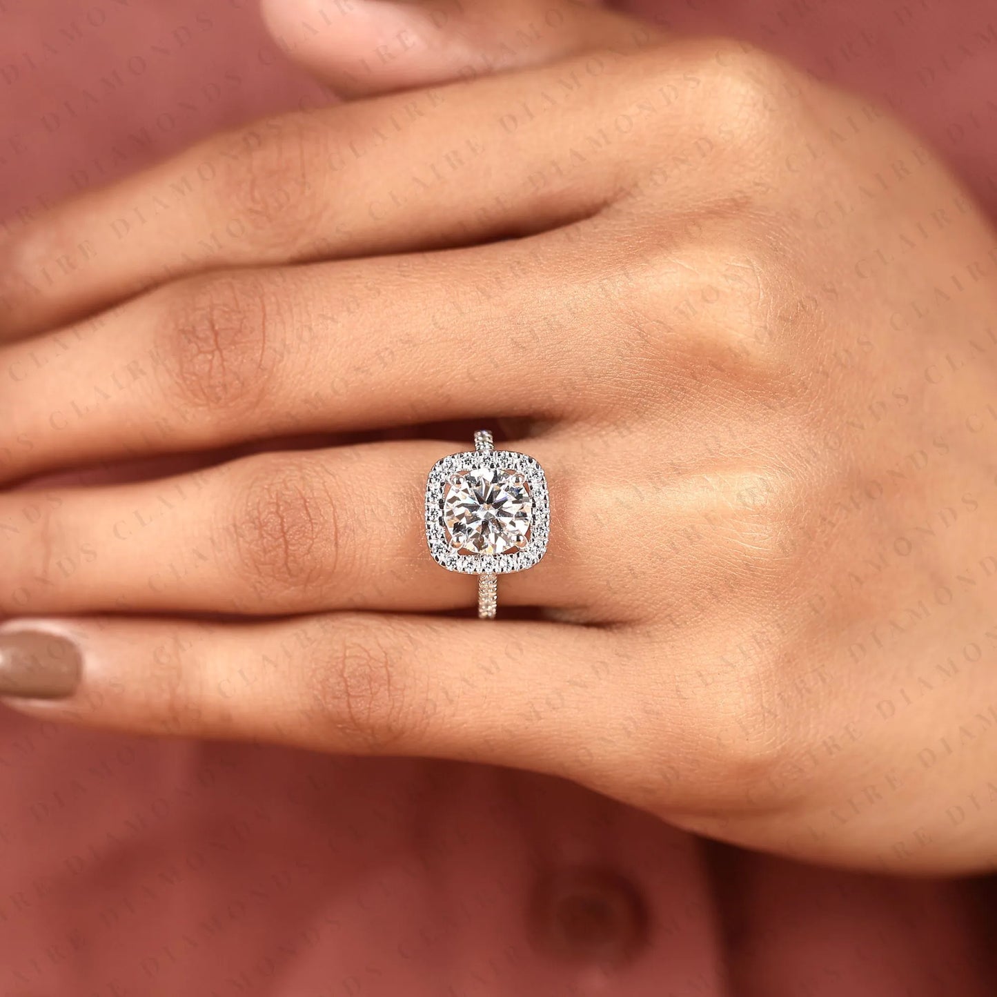 round cut lab grown diamond halo engagement ring in white gold | vintage cushion halo wedding ring | pave anniversary ring for women
