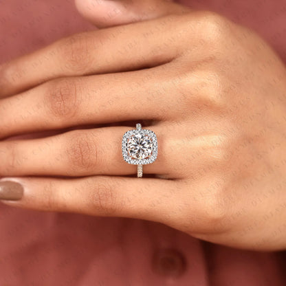 Round Cut Lab Grown Diamond Halo Engagement Ring in White Gold | Vintage Cushion Halo Wedding Ring | Pave Anniversary Ring for Women