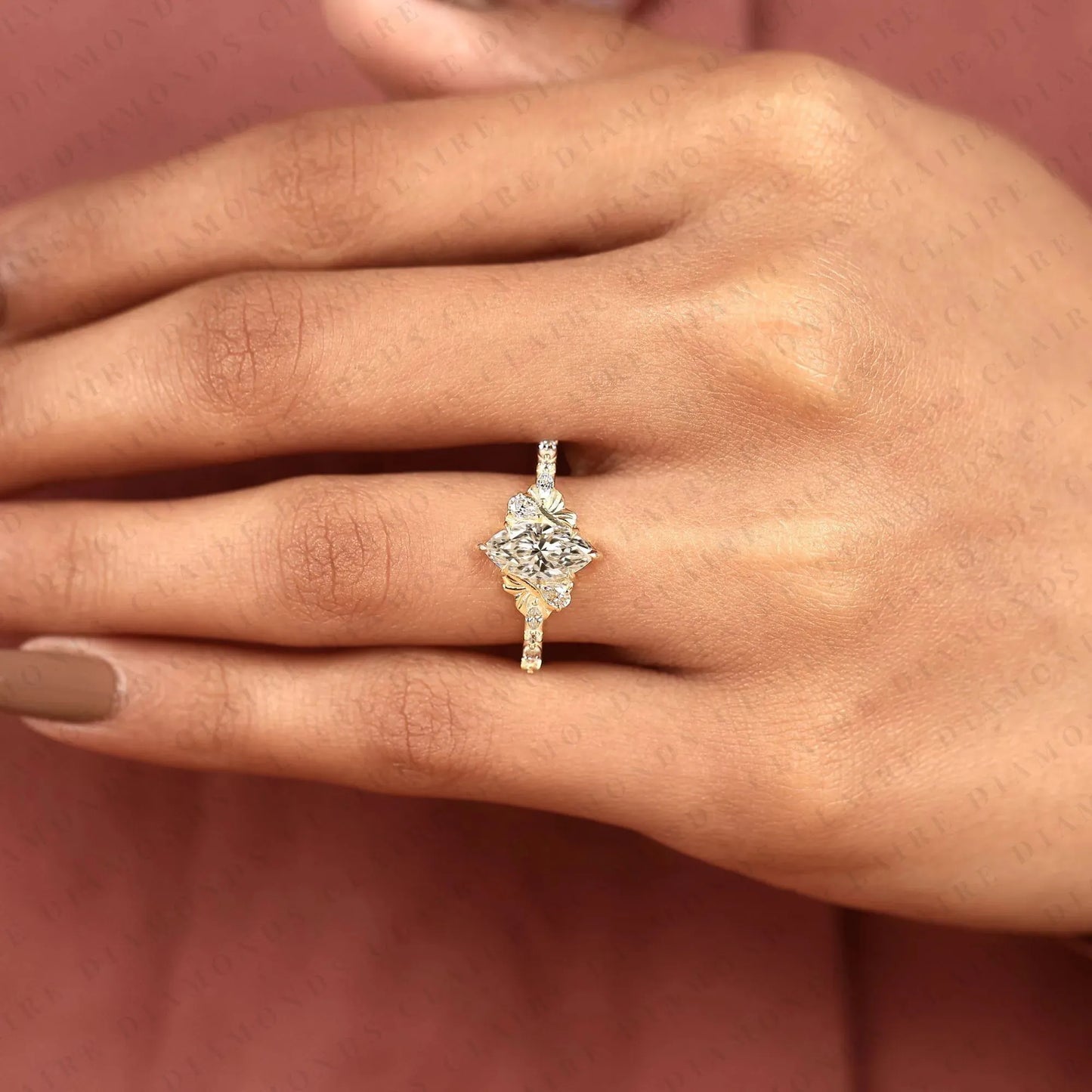 marquise cut moissanite diamond engagement ring with side accent diamonds | elegant three stone bridal ring in white gold