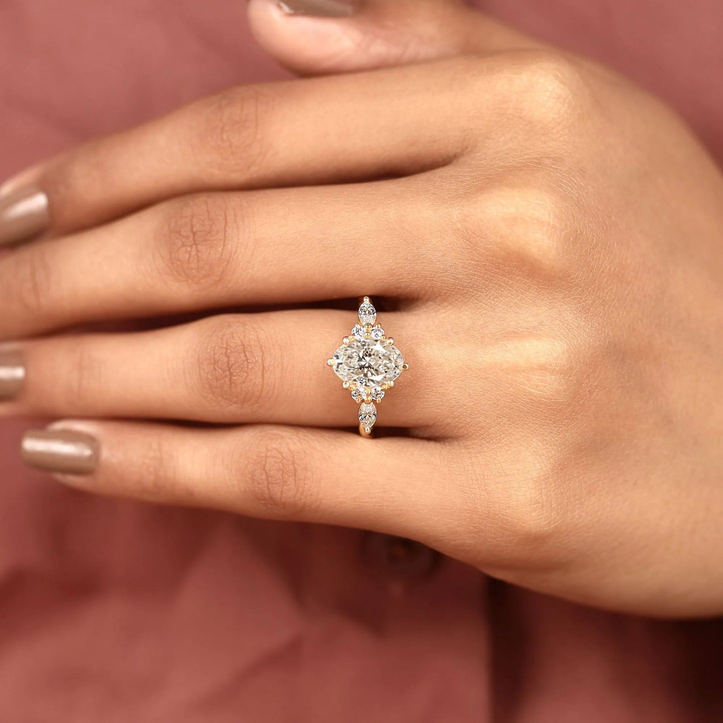 curved chevron wedding band set with elongated oval cut lab grown diamond ring | vintage v-shaped bridal set | unique anniversary ring for women
