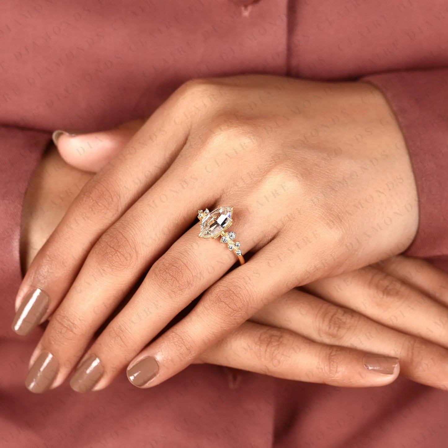 rose marquise cut moissanite diamond engagement ring | yellow gold botanical floral cluster setting