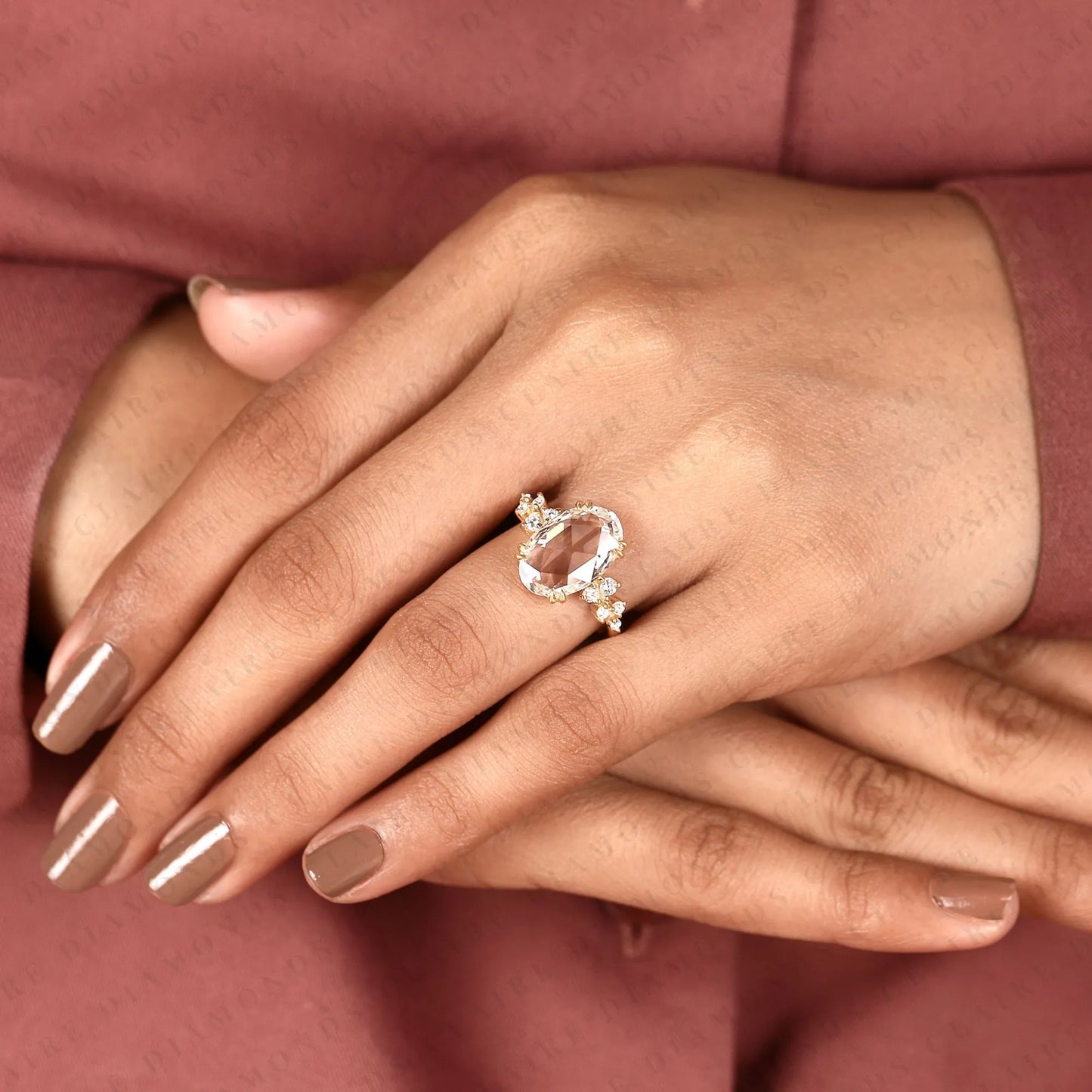 rose cut oval lab grown diamond ring, vintage floral engagement ring, yellow gold, nature inspired ring