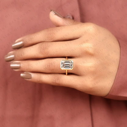 Emerald Cut Lab Grown Diamond Engagement Ring, Bezel Set Solitaire Ring, IGI Certified Diamond Ring, Minimalist Gold Wedding Ring