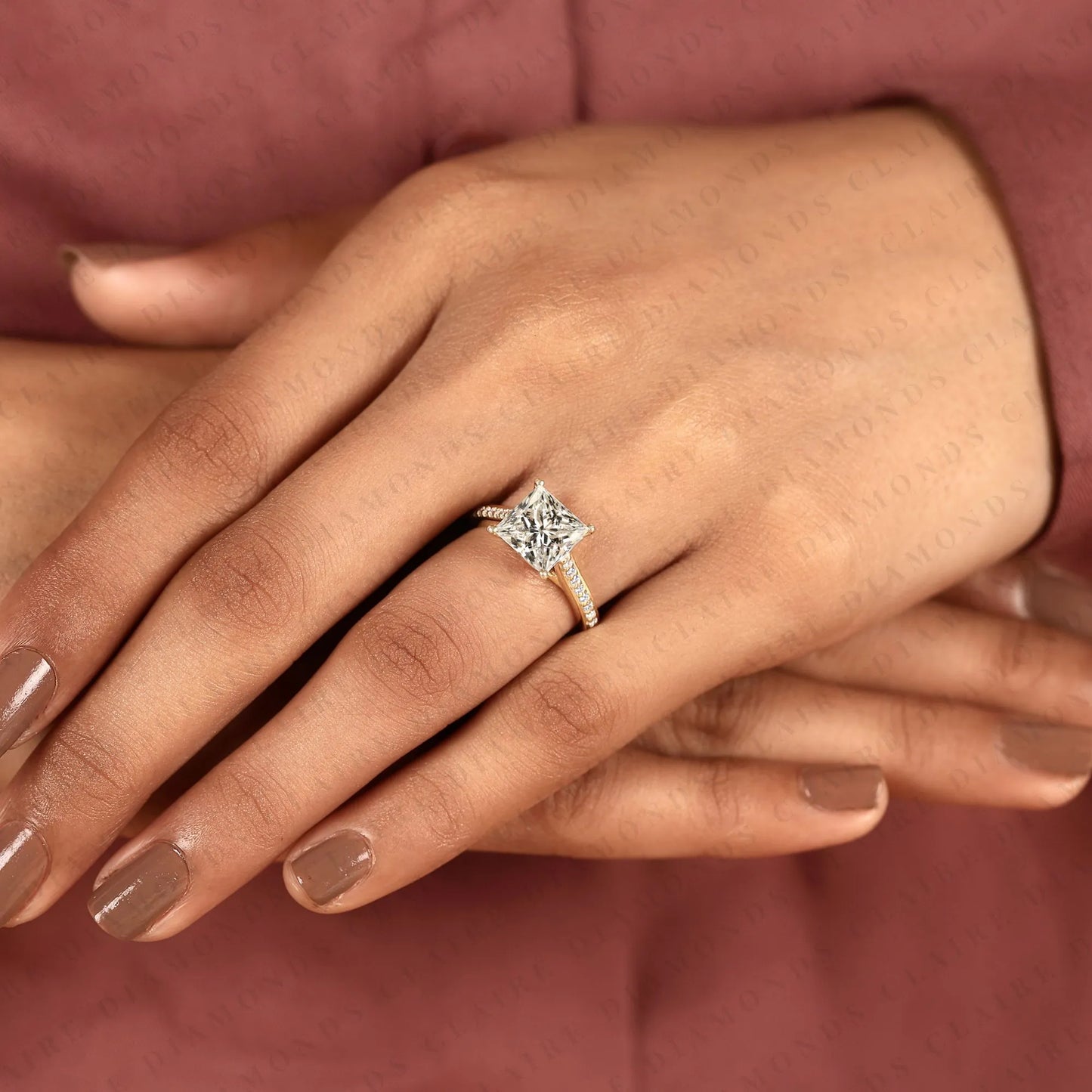 princess cut lab grown diamond engagement ring | classic yellow gold ring pave band