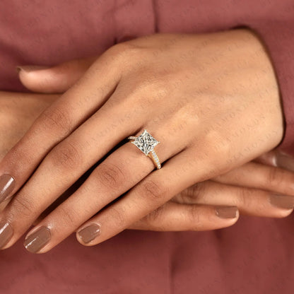 Princess Cut Lab Grown Diamond Engagement Ring | Classic Yellow Gold Ring Pave Band