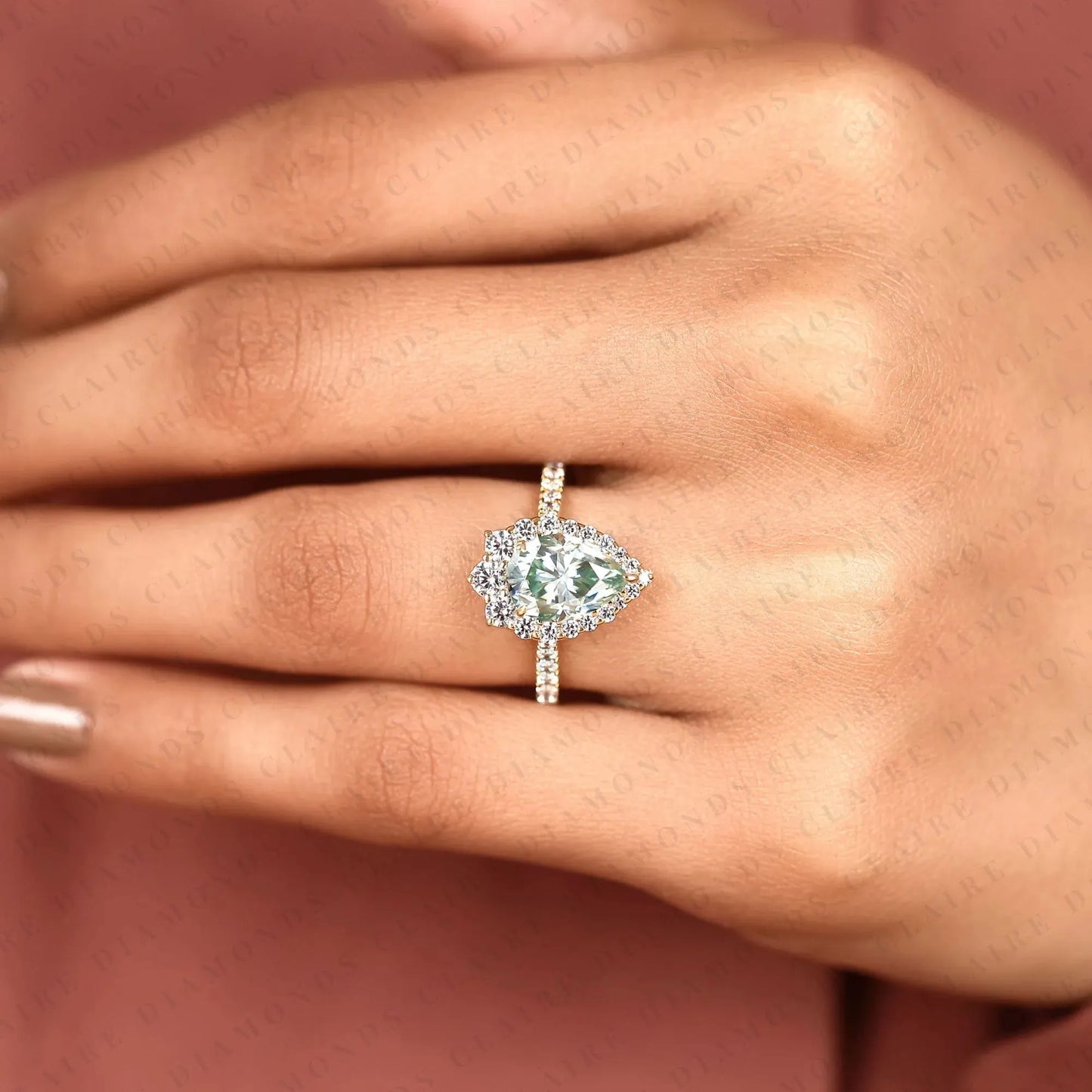 blue pear cut moissanite diamond halo engagement ring vintage inspired pave bridal ring unique anniversary ring for women