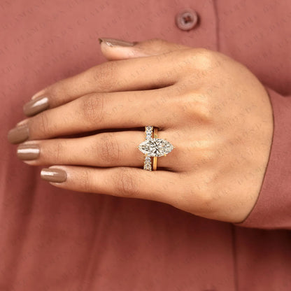 Marquise Cut Moissanite Diamond Engagement Ring Set with Eternity Wedding Band in 14K Yellow Gold