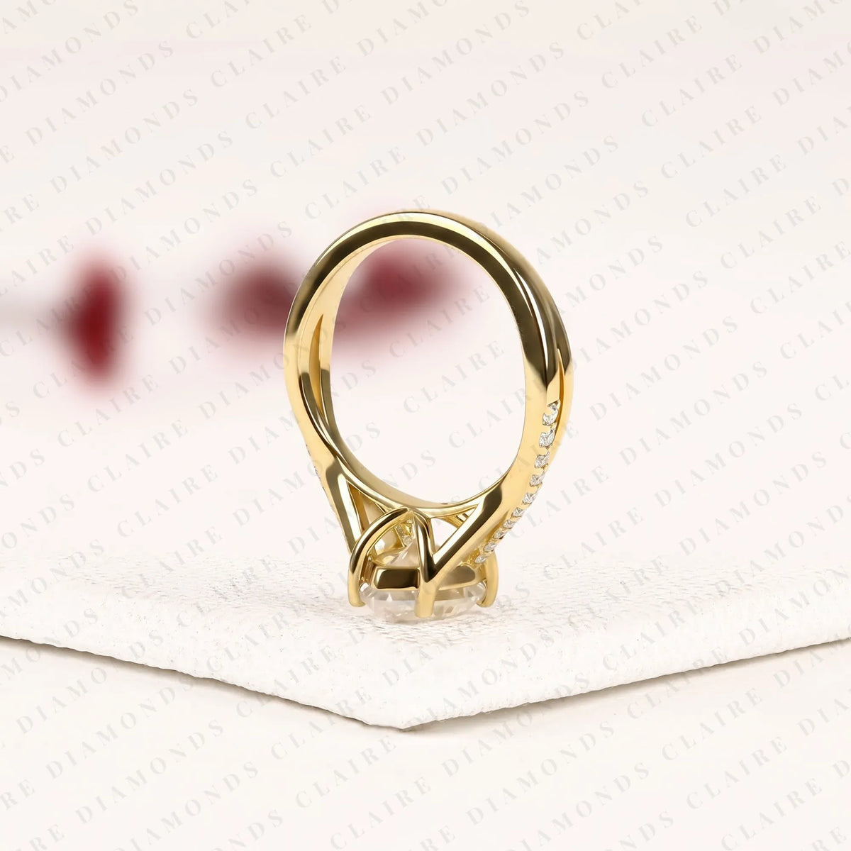 pear cut lab grown diamond engagement ring | yellow gold split shank pavé ring | modern elegant bridal jewelry | unique solitaire engagement ring
