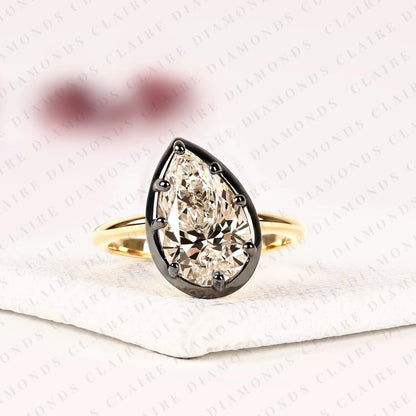 Pear Shape Lab Grown Diamond Solitaire Ring | Black Bezel Two-Tone Gold Contemporary Setting