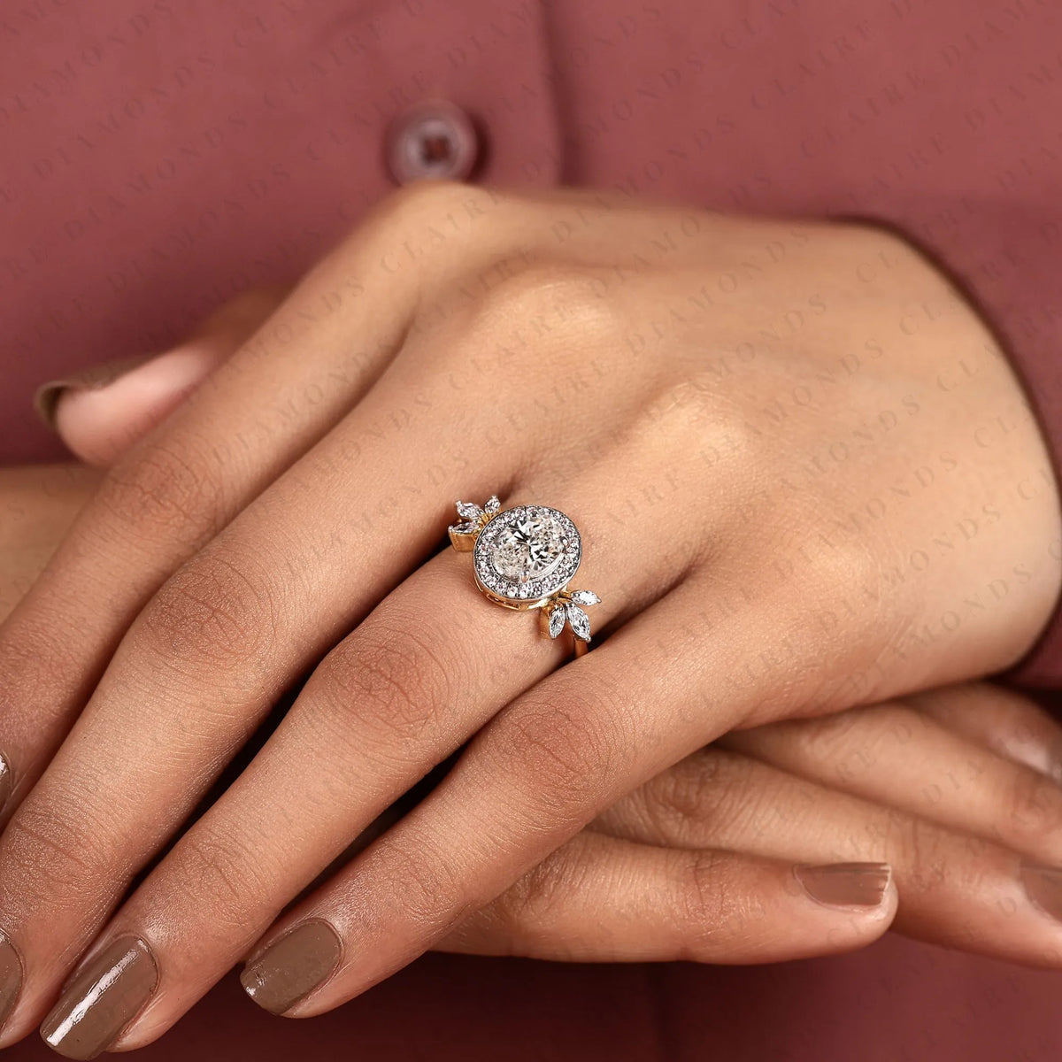 oval cut lab grown diamond halo engagement ring | floral leaf halo bridal ring | yellow gold nature inspired diamond ring | unique luxury engagement jewelry