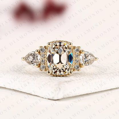 Old Mine Elongated Cushion Cut Moissanite Engagement Ring, Milgrain Bezel Setting, Pear Side Stone Halo, Yellow Gold Vintage Inspired Bridal Ring
