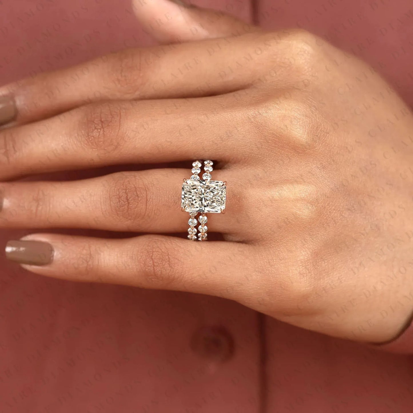 radiant cut lab grown diamond engagement ring set with pave wedding band in rose gold | elegant bridal ring set for women