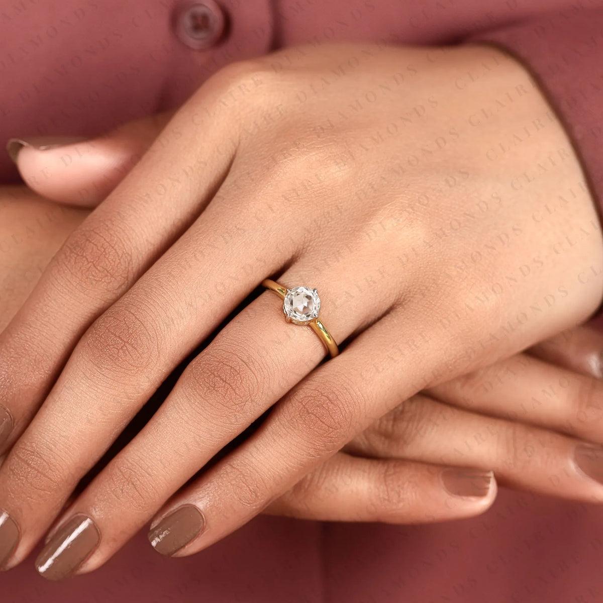 round rose cut lab grown diamond engagement ring | yellow gold minimalist bridal ring | flush setting ring wedding | jewelry
