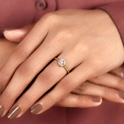 Round Rose Cut Lab Grown Diamond Engagement Ring | Yellow Gold Minimalist Bridal Ring | Flush Setting Ring Wedding | Jewelry