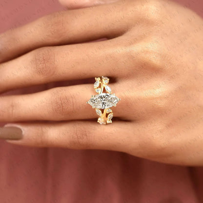 Marquise Cut Nature Inspired Moissanite Diamonds Engagement Ring | Leaf Vine Lab Grown Diamond Ring in Gold | Floral Marquise Solitaire Ring | Vintage Botanical Bridal Jewelry