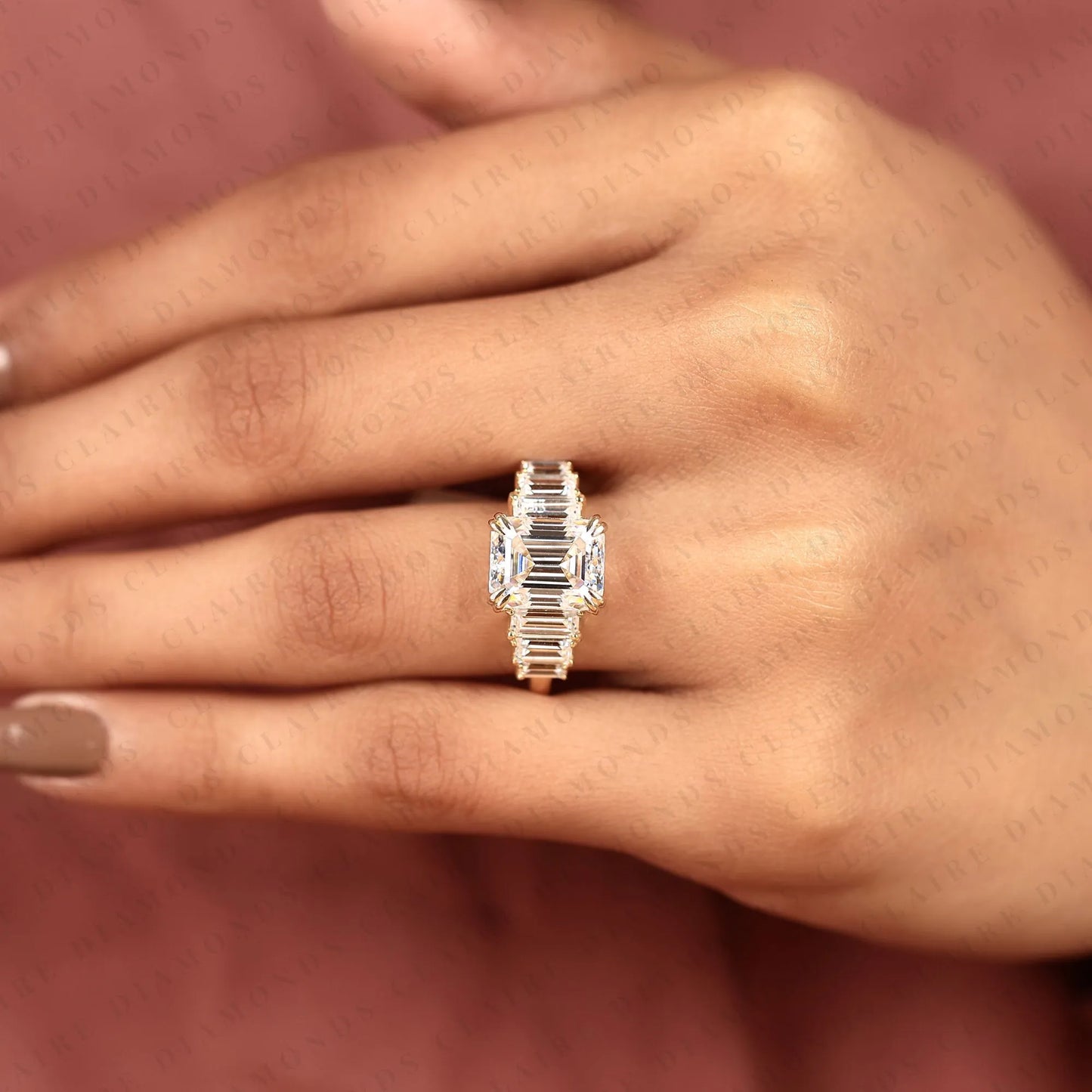 emerald cut lab grown diamond engagement ring in yellow gold |side stone baguette diamond wedding ring | luxury anniversary ring for women