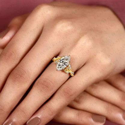 Marquise Cut Lab Grown Diamond Engagement Ring, Floral Leaf Vine Gold Ring, Nature Inspired Bridal Ring, Unique Vintage Wedding Jewelry