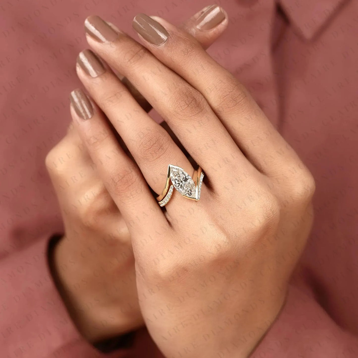 marquise lab grown diamond bypass ring bezel ring modern twisted pave bridal ring set