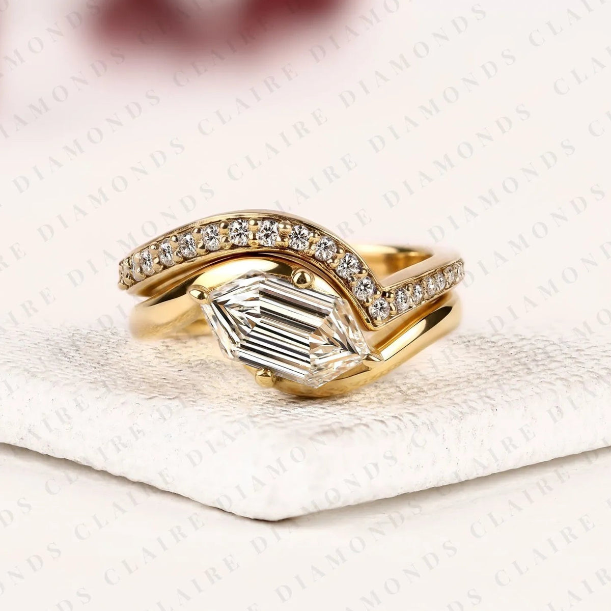 east-west hexagon cut lab grown diamond engagement ring | yellow gold bypass pavé band | geometric modern bridal ring set | unique statement jewelry