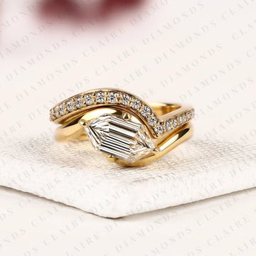 East-West Hexagon Cut Lab Grown Diamond Engagement Ring | Yellow Gold Bypass Pavé Band | Geometric Modern Bridal Ring Set | Unique Statement Jewelry