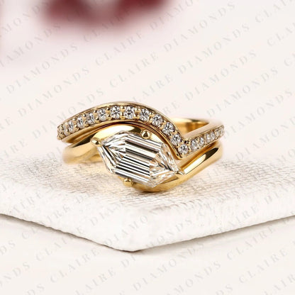East-West Hexagon Cut Lab Grown Diamond Engagement Ring | Yellow Gold Bypass Pavé Band | Geometric Modern Bridal Ring Set | Unique Statement Jewelry
