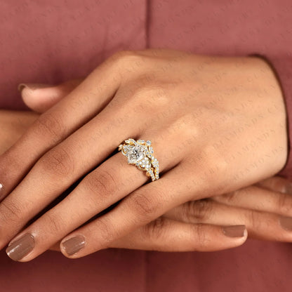 Pear Cut Moissanite Diamond Bridal Ring Set | Nature-Inspired Twisted Leaf Yellow Gold Engagement Ring