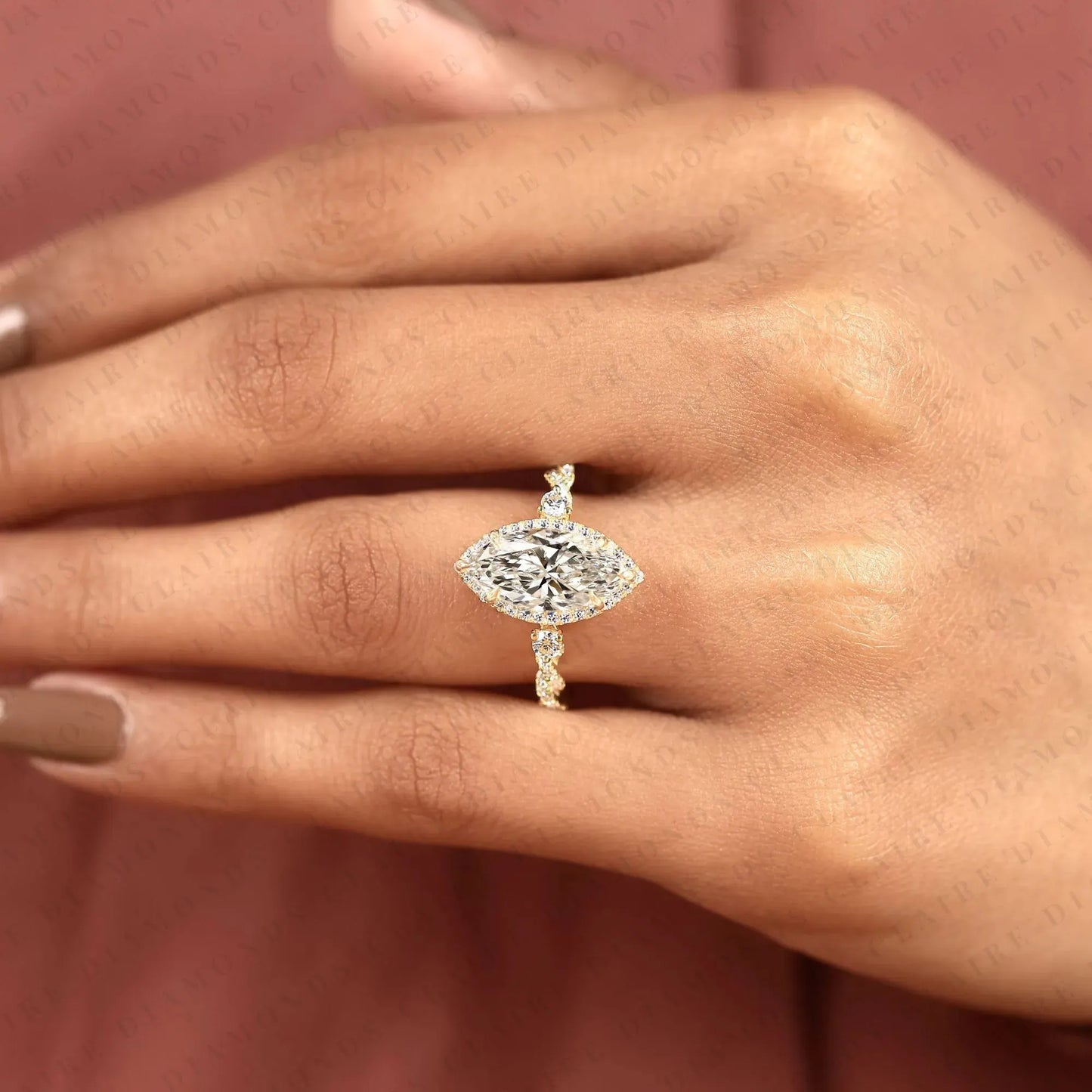 marquise cut moissanite diamond halo engagement ring twisted pavé diamond band ring vintage inspired bridal ring for women