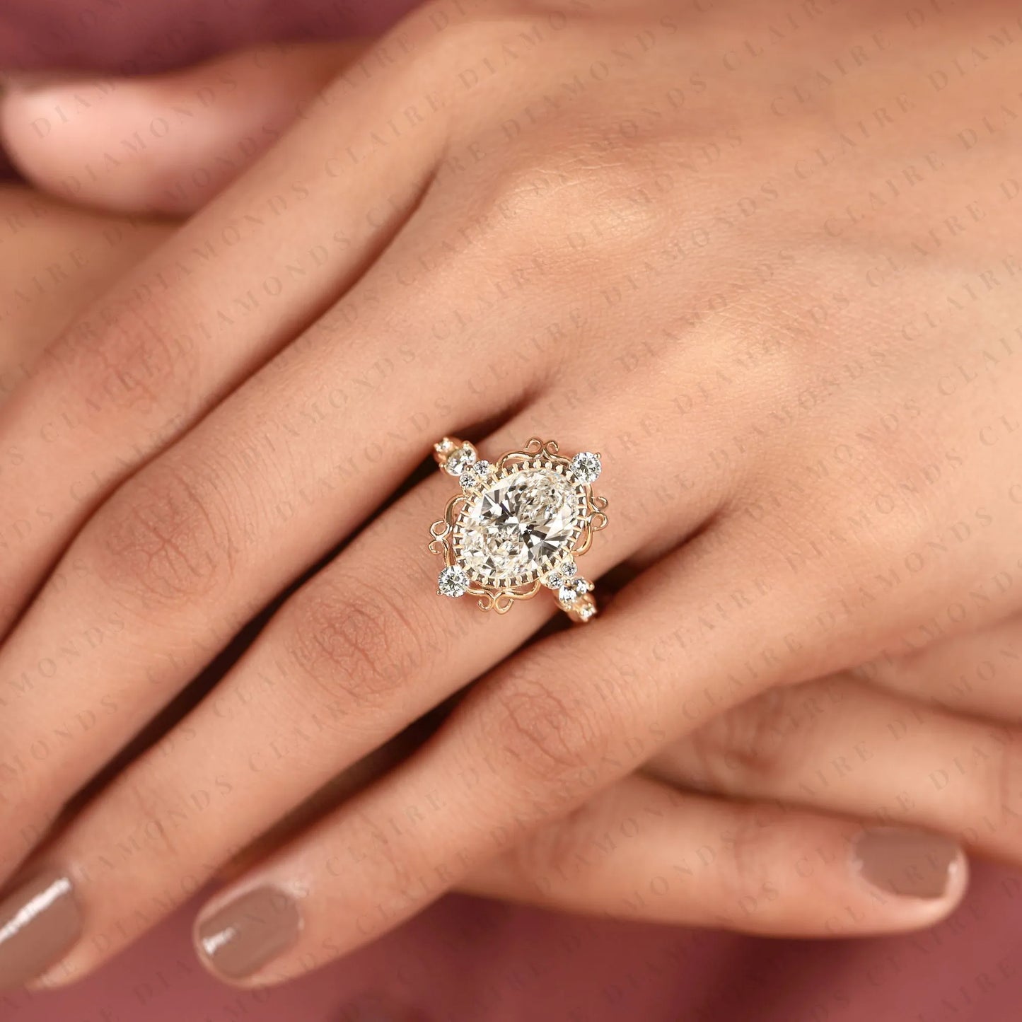 oval lab grown diamond engagement ring, vintage style gold wedding ring, art deco ring, unique anniversary ring for women