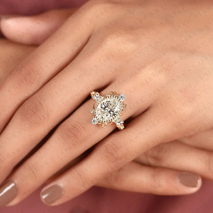 Oval Lab Grown Diamond Engagement Ring, Vintage Style Gold Wedding Ring, Art Deco Ring, Unique Anniversary Ring for Women
