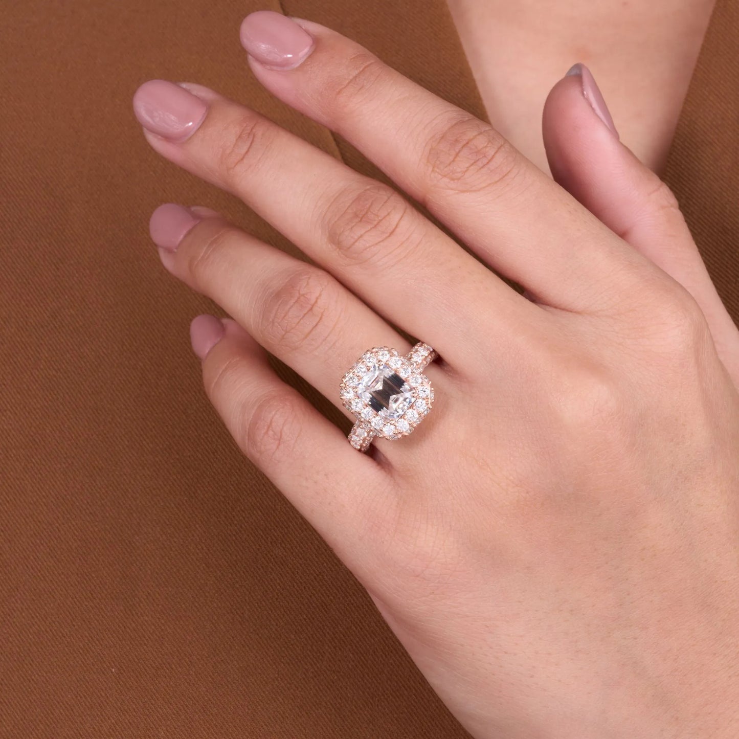 luxury vintage emerald cut halo lab grown diamond engagement ring with pavé band in gold