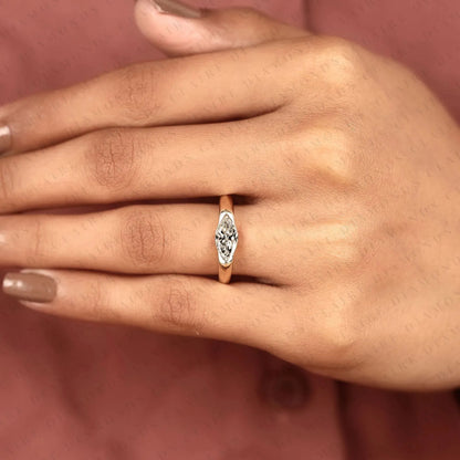 Minimalist Marquise Cut Solitaire Lab Grown Diamond Engagement Ring in Yellow Gold | Modern Bezel-Inspired Promise Ring for Women.
