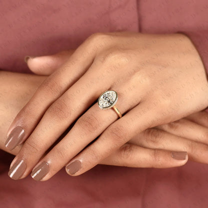 Oval Lab Grown Diamond Bezel Set Engagement Ring, Solitaire Gold Wedding Ring, Hidden Halo Ring, Minimalist Anniversary Ring